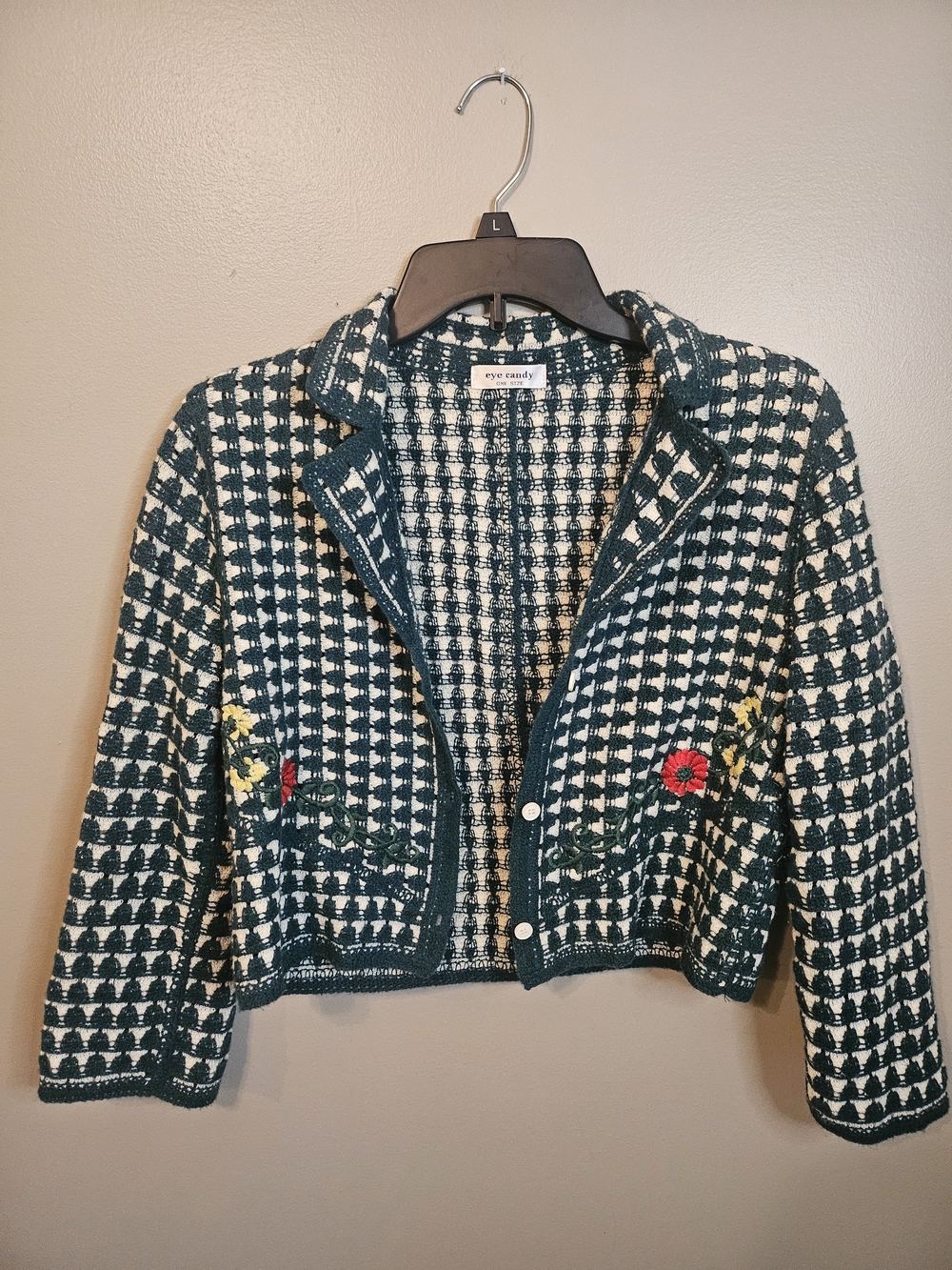 eye candy Green & White Tweed Knit Embroidered Crop Jacket